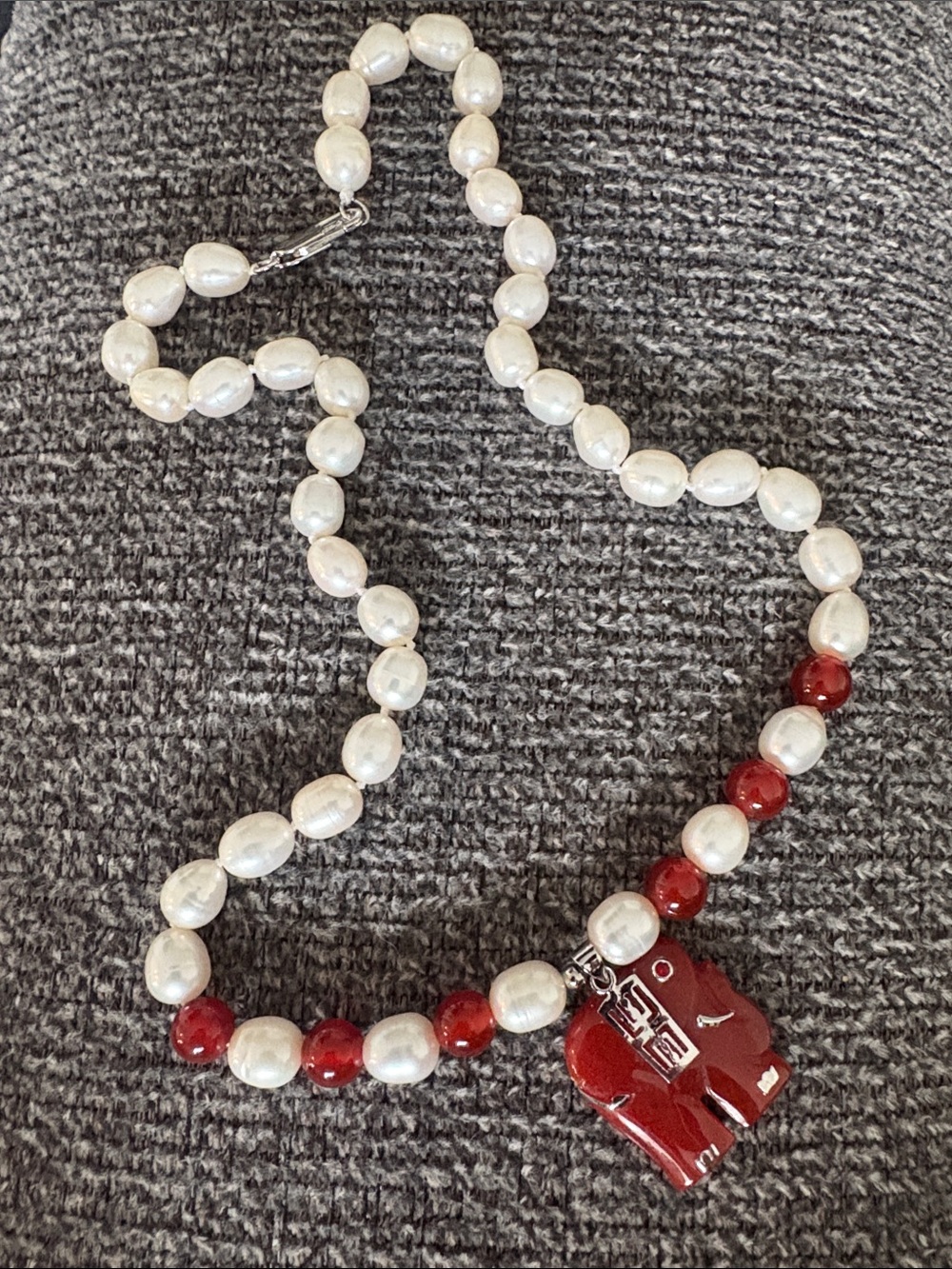 Pearl and Red Jade Necklace with Red Jade Elephant Pendant